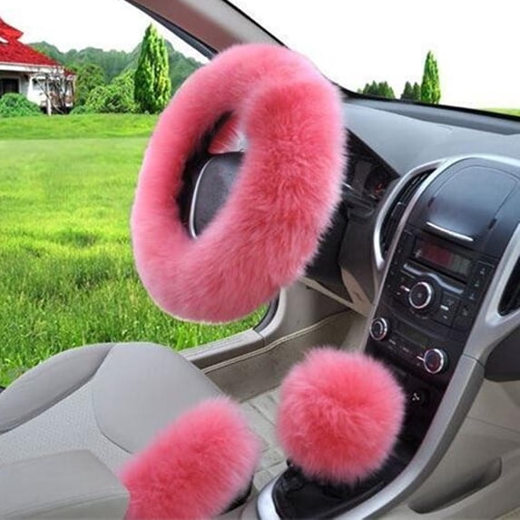 Wool Furry Car Steering Wheel Cover Protector + Gear Knob Shifter Parking Brake Cover Set Car Accessory Decor 3Pcs /Set