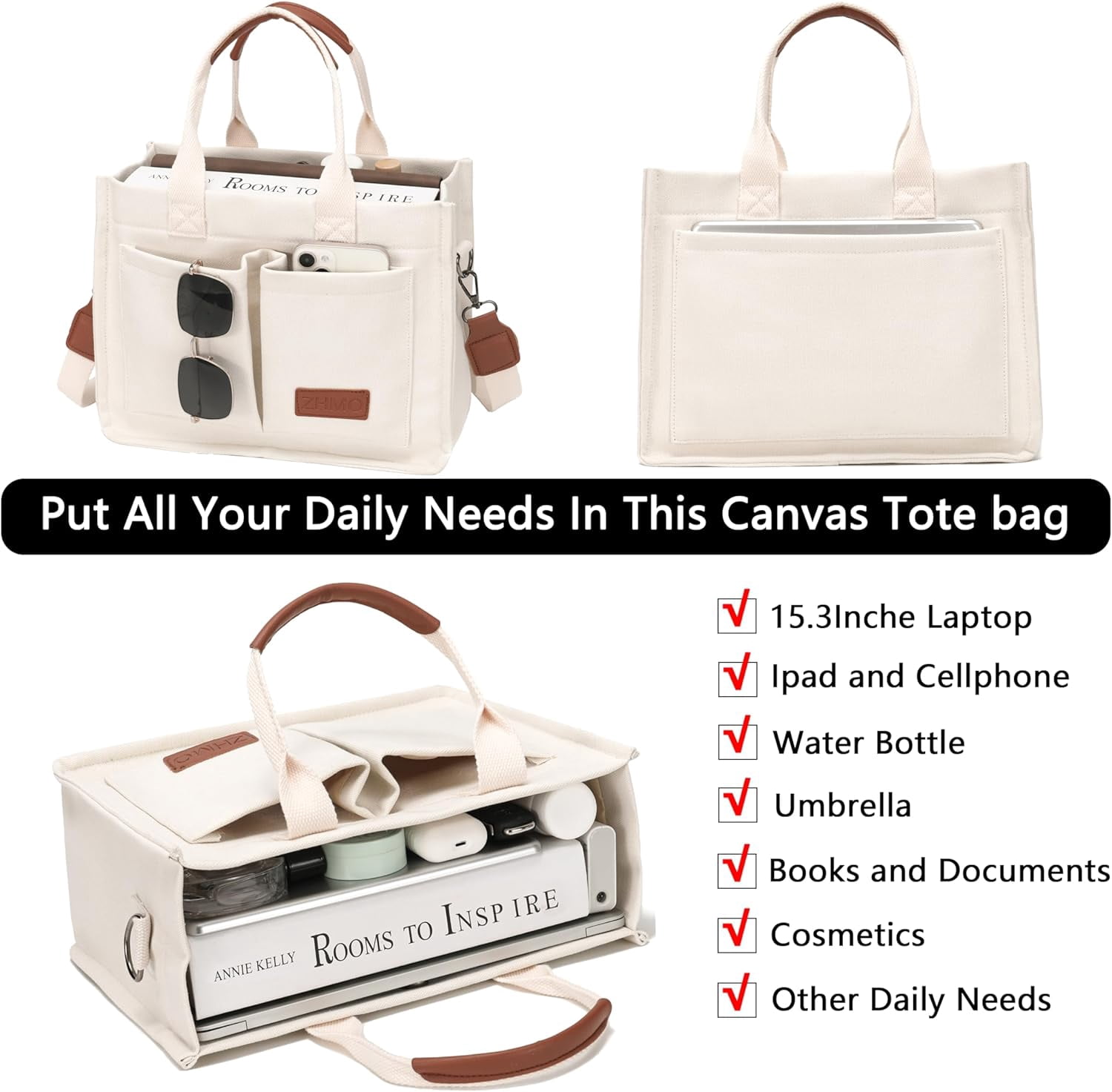 Large Canvas Tote Bag for Women With Pockets,Laptop Crossbody Purses Everything Everyday Bag Handbags for Work Beach