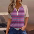 thumbnail image 2 of DENGDENG Summer Tops for Women, Striped V Neck Button Down Short Sleeve Casual Blouses Fashion Print Loose Fit Shirts Purple M, 2 of 5