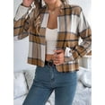 thumbnail image 3 of Women'S Cropped Plaid Shacket Jacket Button Down Long Sleeve Shirts Tops Khaki M, 3 of 7