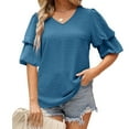 thumbnail image 4 of Bigersell Women's Short-Sleeve V-Neck T-Shirt Summer Solid Color Double Puff Sleeve Blouses Summer Half Sleeve Dot Tops V-Neck T-shirts Blouse Short Sleeve Crew Neck T-Shirt Style B31784, Blue L, 4 of 8