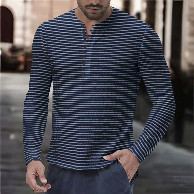 Blusa y camisa de manga larga con cuello vuelto para hombre, informal, a la moda, con estampado de rayas y botones, de poliéster.