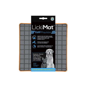 LickiMat Tuff Heavy-Duty Playdate Dog/Cat Slow Feeder Lick Mat with Food, Treats, Yogurt, Peanut Butter, Orange