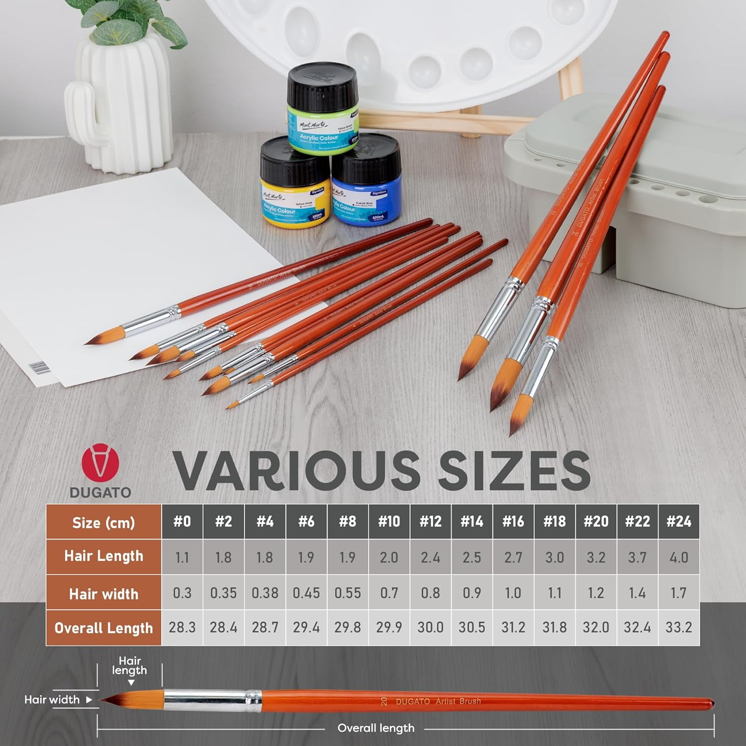 JJEAN-Professional Artist Round Paint Brush Set (13pc) - Long Handle Round Pointed Tip, Anti-Shedding Nylon for Watercolor, Acrylic, Oil, Gouache, Ink & Tempera