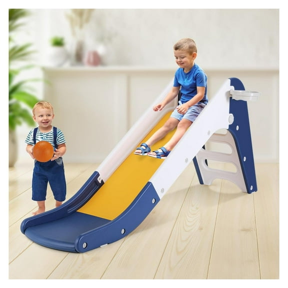 Freestanding Toddler Slide, Kid Slide Climbing with Basketball Hoop & , Playset Slide with Extended Buffer Slide, Indoor/Outdoor Baby Slides for 3 Years (Blue Yellow)