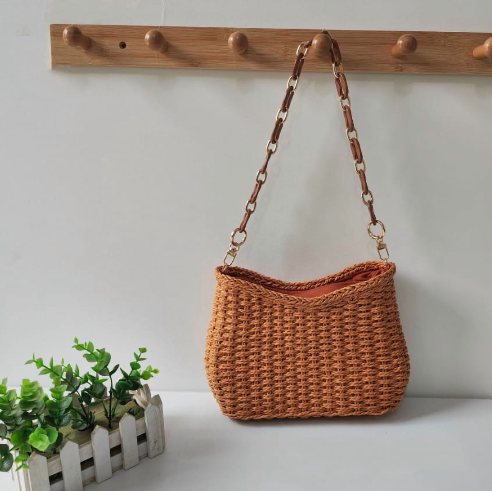 Small Handmade Straw Pocketbook Crossbody Bag for Women, Summer Chic Woven Handbag Shoulder Purse with Chain