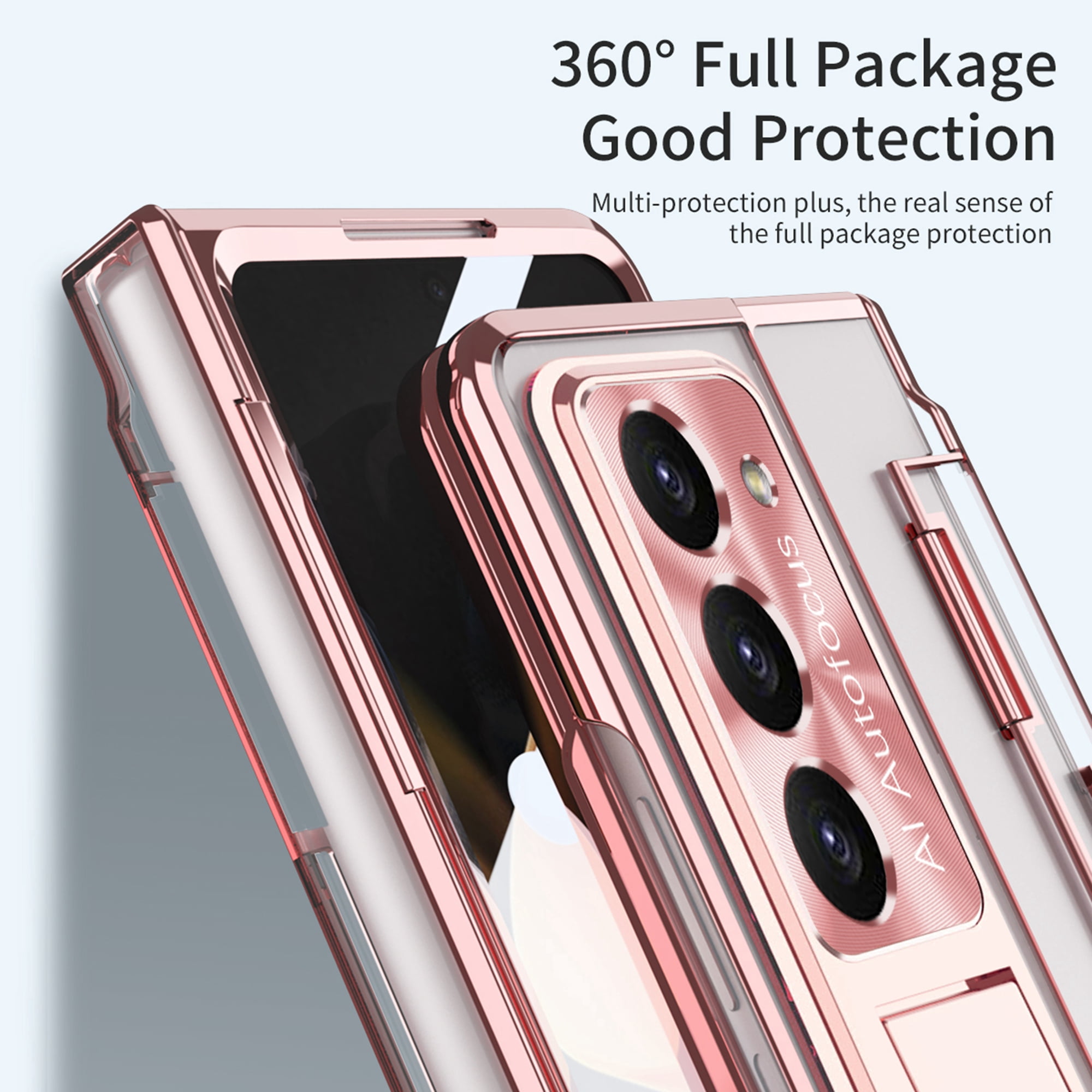 Dteck for Samsung Galaxy Z Fold 5 Case, Hinge Protection with Kickstand, Transparent Clear Back Cover with Built-in Screen Protector Shockproof Full Protective Phone Case for Z Fold5 2023,Rosegold