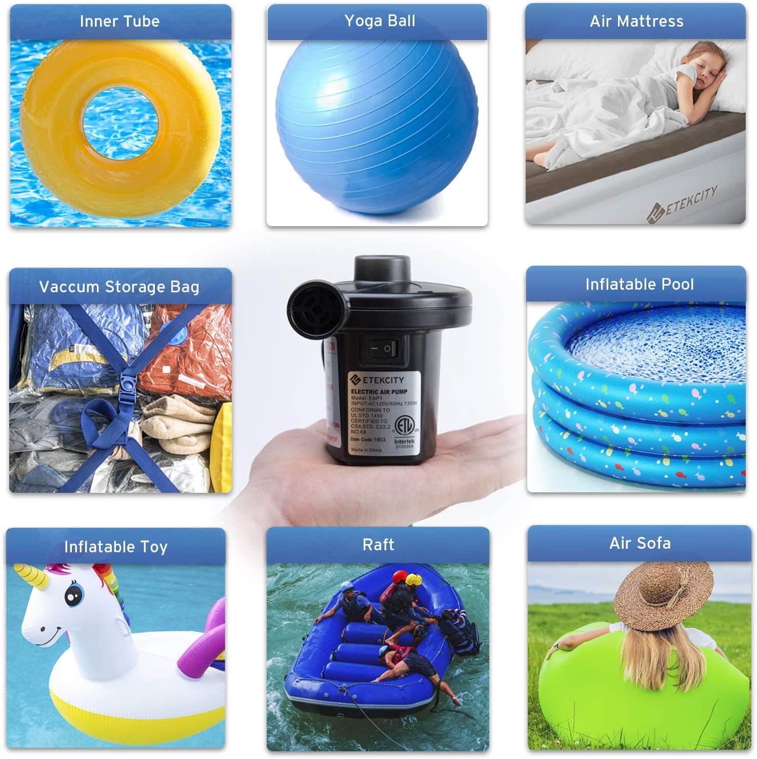 3 Nozzles Etekcity Electric Air Pump Rechargeable Portable Air Mattress