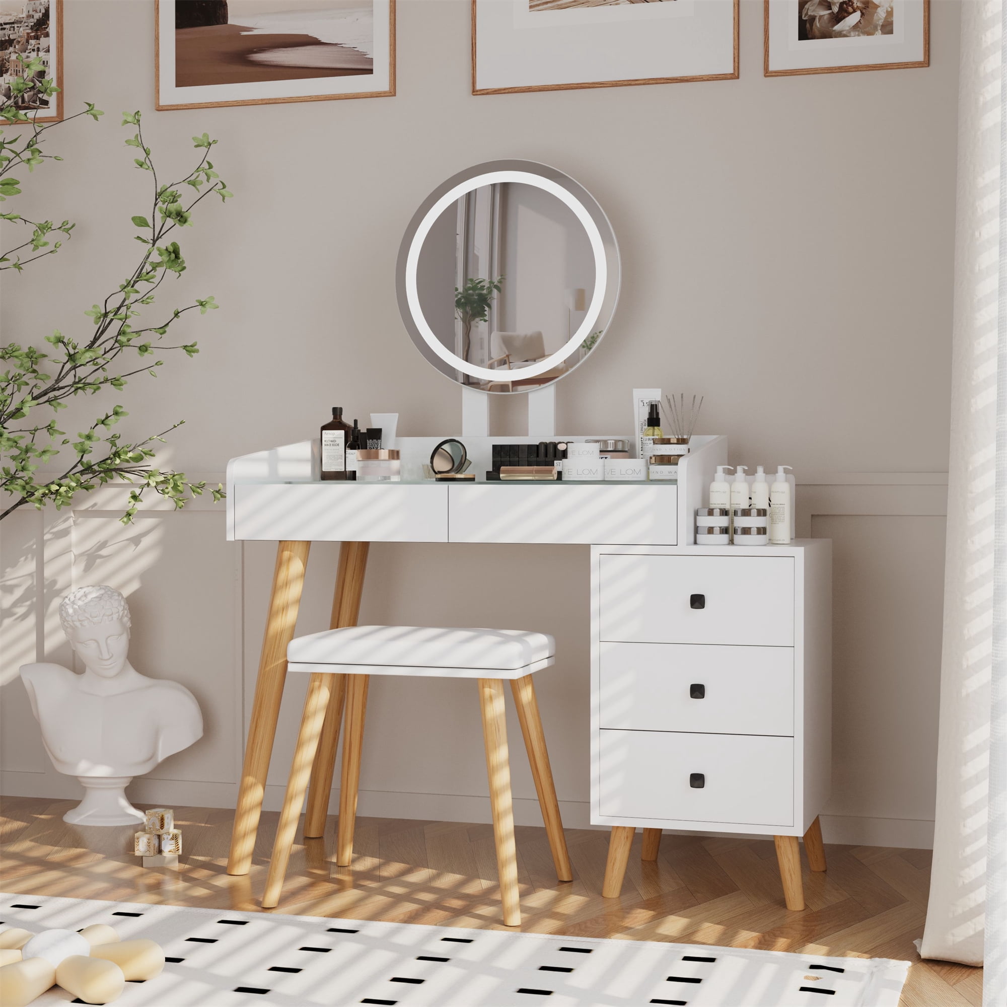 Vastcury Makeup Vanity Desk Set with Round Mirror and LED Light, Modern Vanity with Glass Top and 5 Drawers for Bedroom, White
