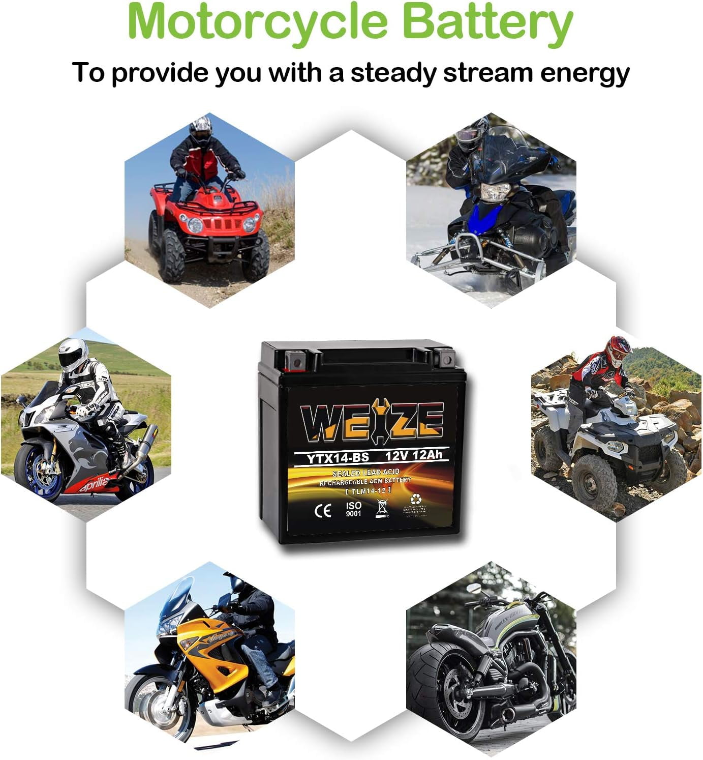 YTX14 BS ATV Battery High Performance - Maintenance Free - Sealed AGM YTX14-BS Motorcycle Battery compatible with Honda Suzuki Kawasaki Yamaha scooter snowmobile