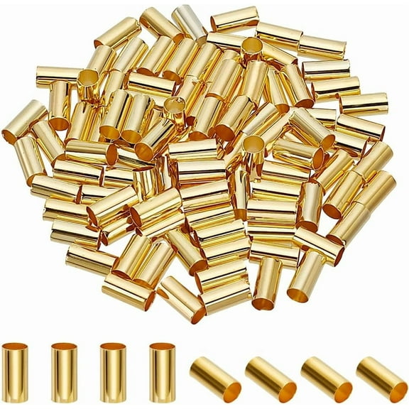 100Pcs Crimp Tube Beads Bulk 10mm Gold Plated Tube Bead Crimping Bead Accessories Column Loose Spacer Beads for Jewelry Making Hole: 4.5mm