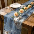 thumbnail image 2 of Thanksgiving 4.5ft Cheesecloth Table Runner for Wedding 19"x55", Fall White Blue Pumpkin Gold Leaf Rustic Country Kitchen Dinner Sheer Tulle Chiffon Dresser Scarf, Holiday Party Decorations, 2 of 9