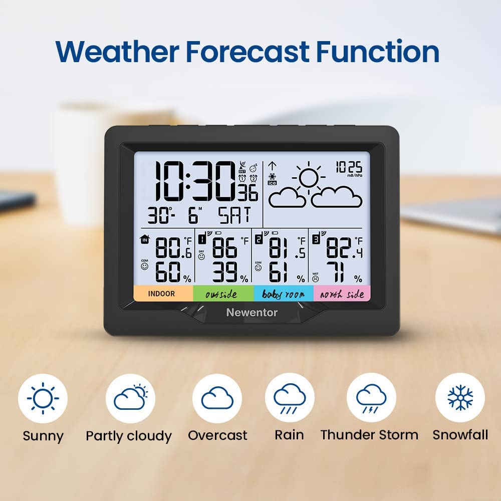 Newentor Wireless Weather Station With 3 Sensors Alarm Clock Indoor &  Outdoor Thermometer Hygrometer