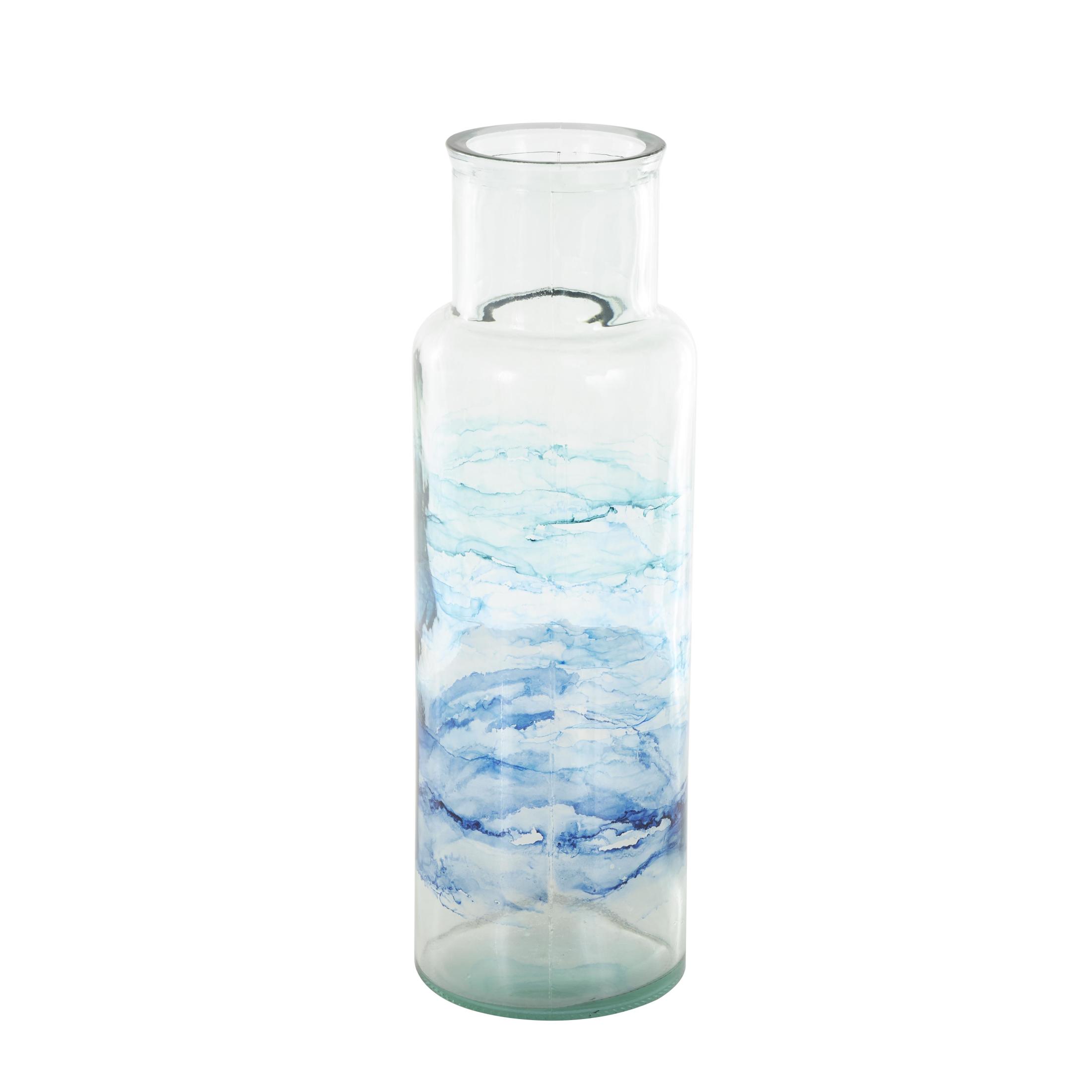 DecMode 18" Abstract Handmade Slim Spanish Bottle Neck Blue Recycled Glass Vase with Ombre Swirled Bands