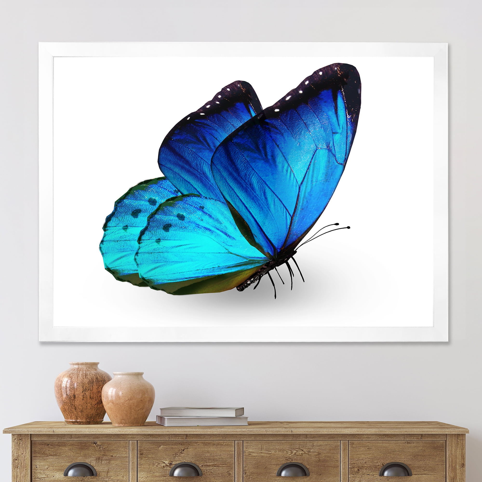 Designart 'Close Up Of Vibrant Blue Butterfly On White' Modern Framed Art Print