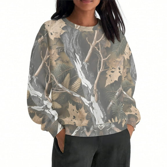 Uootdi Women's Camo Printed Maple-Leaf Print Long Sleeve Sweatshirt Loose Fit Round Neck Pullover Shirt Comfortable Art Th Gift emed Social Events