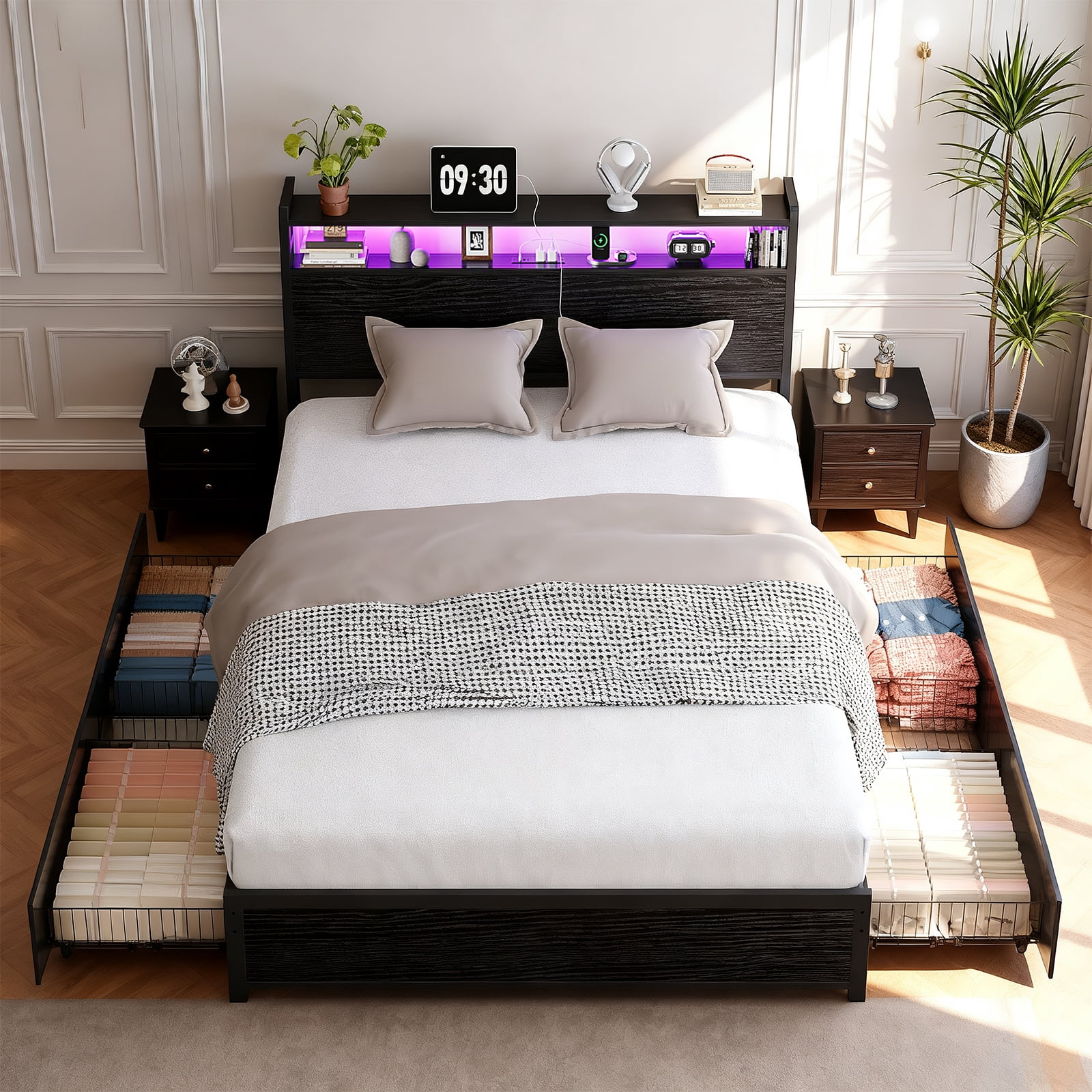 Ktaxon King Size Bed Frame with Charging Station & LED Storage Headboard, Metal Platform Bed Frame with 4 Underbed Drawers for bedroom, Black