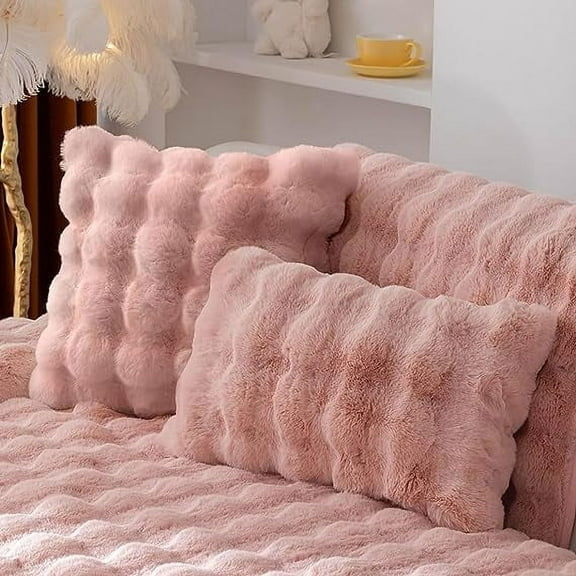 Nvzi Set of 2 Double-Sided Luxury Thick Faux Fur Plush Throw Pillow Covers for Couch Bed Sofa Ultra Soft Fluffy Plush Cushion Covers (Pink,12"x20")