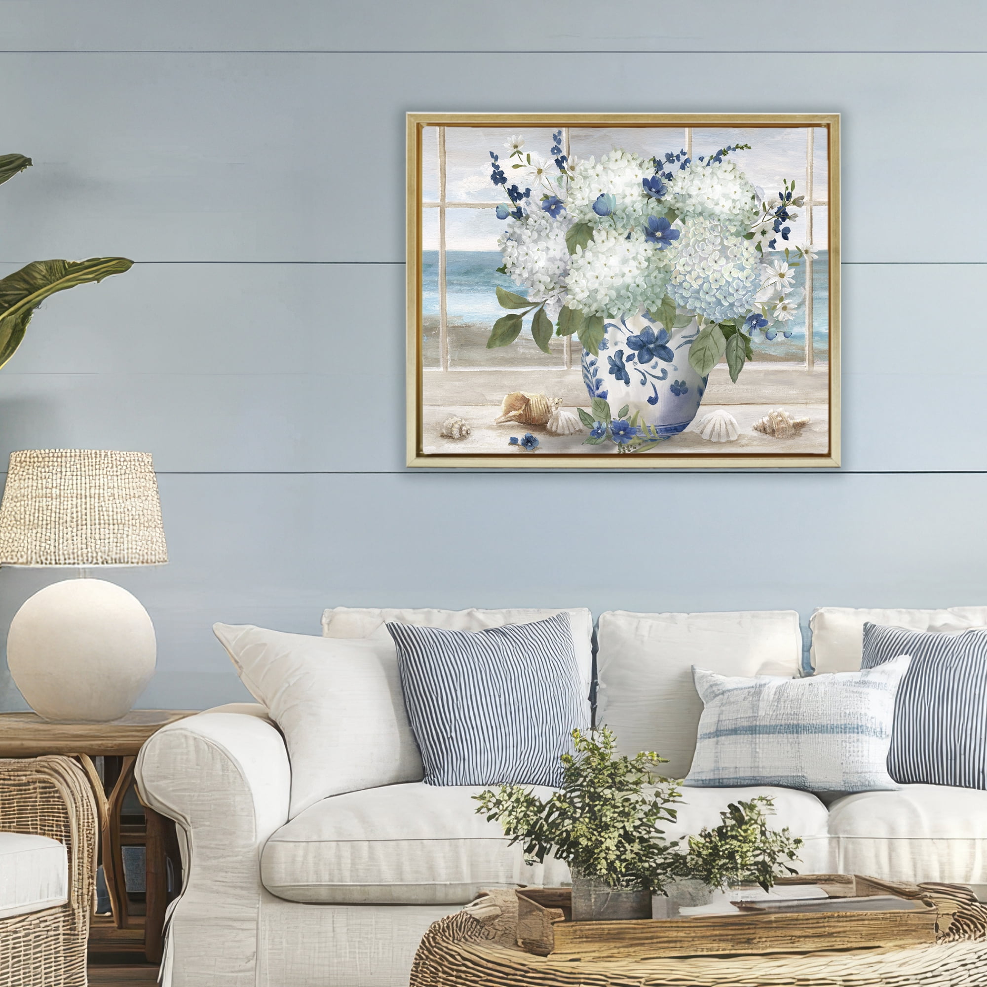 Stupell Industries Seaside Hydrangea Bouquet in Window Gold Framed Floater Canvas Wall Art, design by Nan