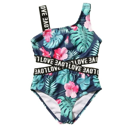 Odeerbi Teen Swimsuits Kids Girls One Piece Swimsuit Hawaii Bikini Baby Children Sleeveless Leaves Print Swimwear Bathing Swimming Green