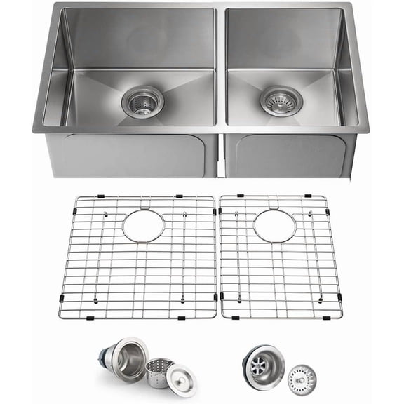 KIBI Handcrafted 33 inch Undermount Kitchen Workstation Sink with Bottom Grid and Strainer, Double Bowl Stainless Steel Sink | 10" Deep Bowl | 3.5" Drain Opening (K1-D33-BS)