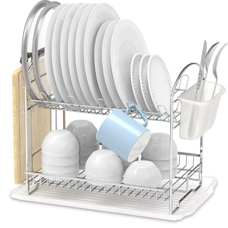 Simple Houseware 2-Tier Dish Rack with Drainboard, Silver