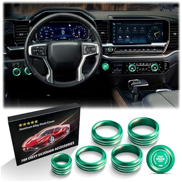 wonima02 for 2022-2025 Chevy Silverado 1500 Accessories, for 2024-2025 Chevrolet Silverado HD 2500 & 3500, 7pcs Aluminum Alloy Knob Cover Trim Kit - A/C, Volume, Headlight, Mode & Push Start (Green)