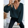 thumbnail image 6 of Women Off the Shoulder V Neck Sweater Top Fitted Long Sleeve Shirt Tie Back Sweater Royal Blue XL, 6 of 8