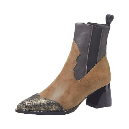 

OAVQHLG3B Women s Winter Warm Leather Patchwork Vintage Thick Mid Heel Zipper Rider Ankle Boots