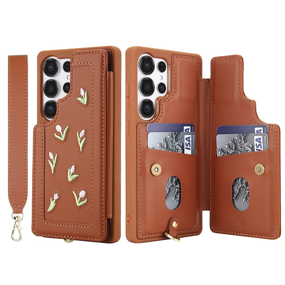 ELEHOLD Crossbody Case for Samsung Galaxy S24 Ultra, Flower Embroidered Wallet Case with Shoulder and Wrist Strap, Stand Feature,Brown