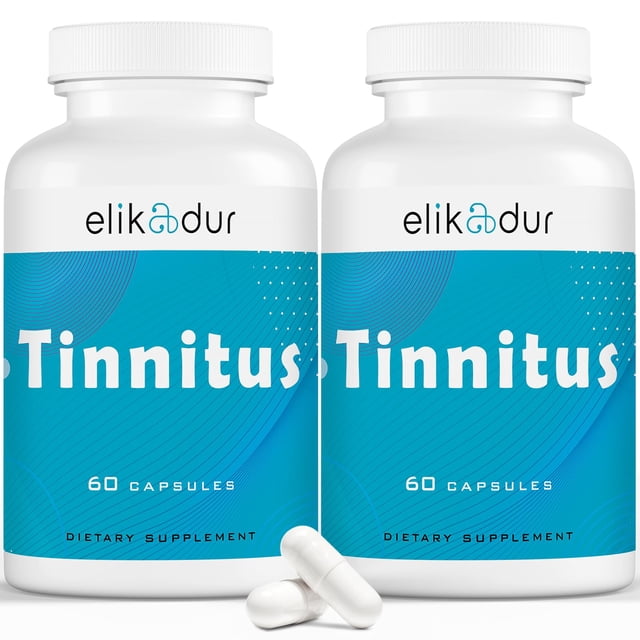 suplemento elikadur tinnitus relief 1500 mg 120 cápsulas para adultos Dos frascos frontales blancos con etiqueta azul y logotipo Elikadur; la etiqueta muestra la palabra "Tinnitus" y "60 capsules" en cada frasco; tres cápsulas blancas en primer plano; envase indica apoyo a la salud del oído y suele llevarse como suplemento de viaje.