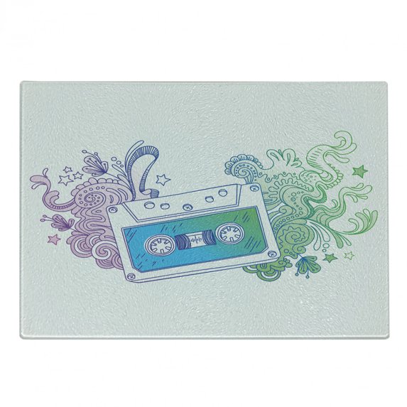 Hipster Cutting Board, Audio Cassette Tape with Line Art Floral Musical Old Fashion Melody Print, Decorative Tempered Glass Cutting and Serving Board, Small Size, Blue Mint Purple, by Ambesonne