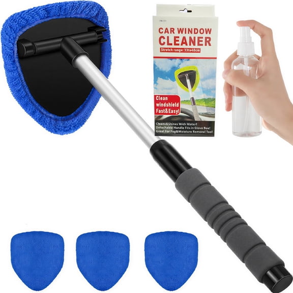 ACDANC Windshield Cleaner Tool, Car Interior Detailing Cleaning Kit with Extendable Handle and 4 Reusable Microfiber Pads, Auto Glass Wiper Brush Kit, Cars, Trucks, SUVs