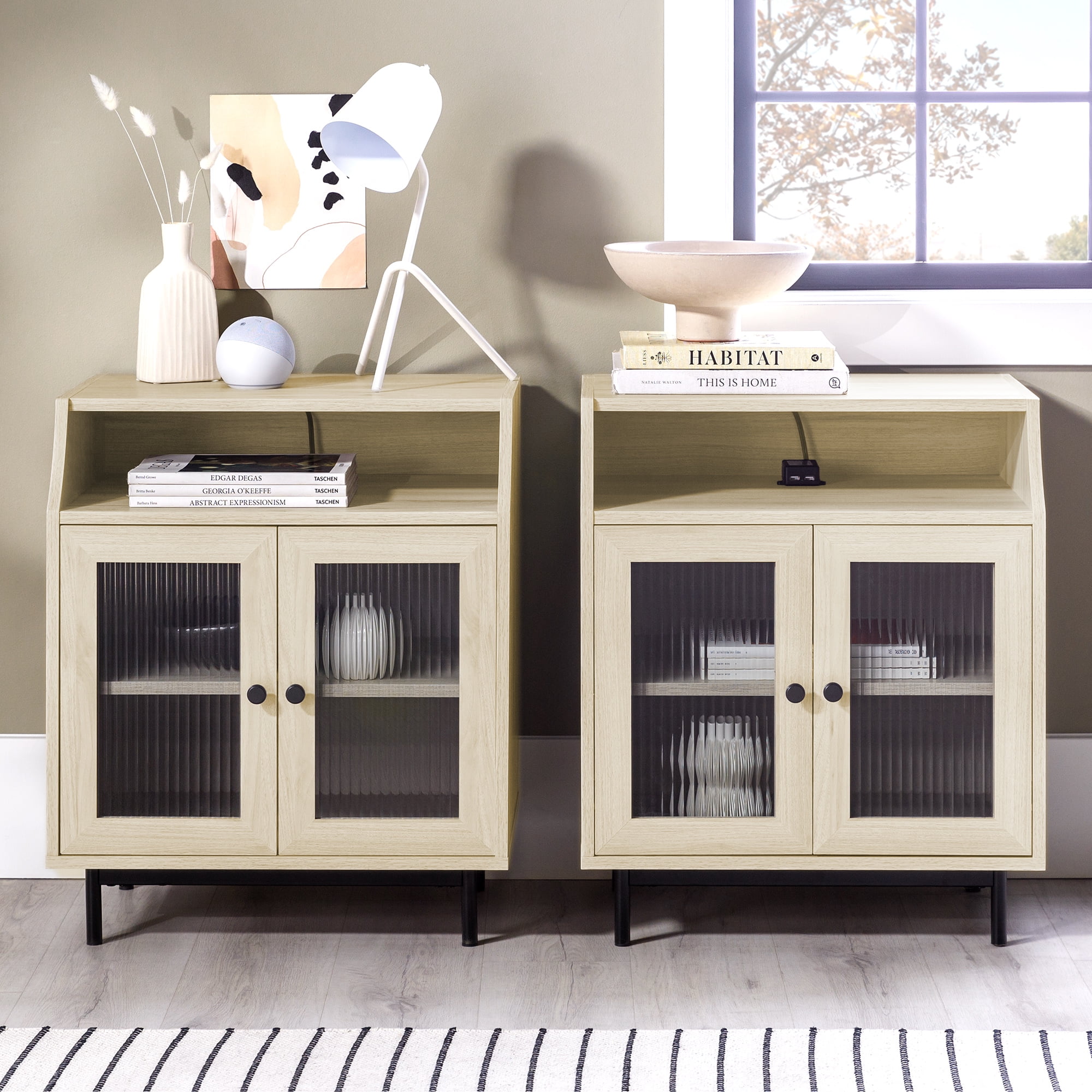 Walker Edison Modern 2 Door USB Port Nightstand, Set of 2, Birch