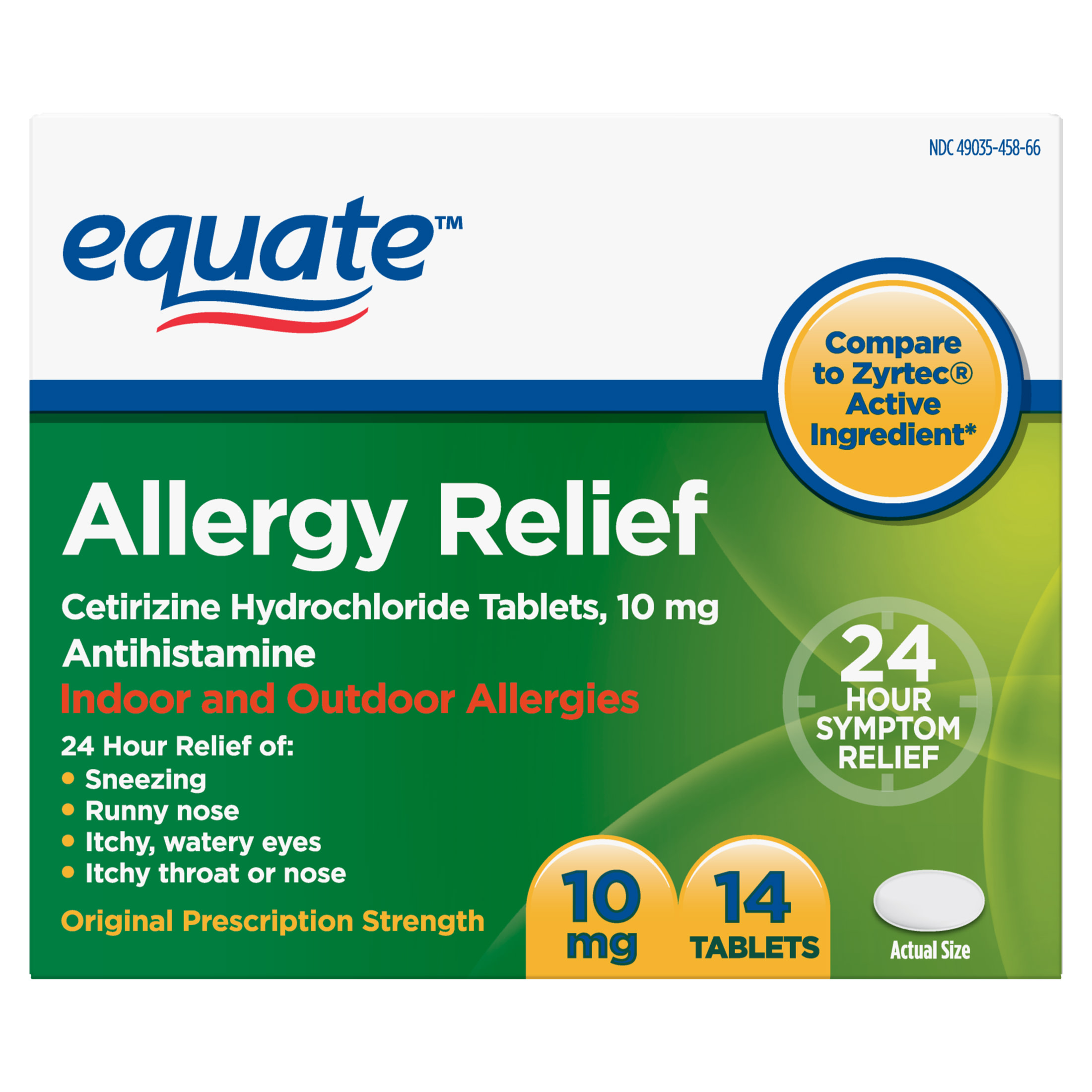 Equate Gluten-Free Cetirizine Allergy Medicine Tablets for Allergy with 14 Tablets 24 hour