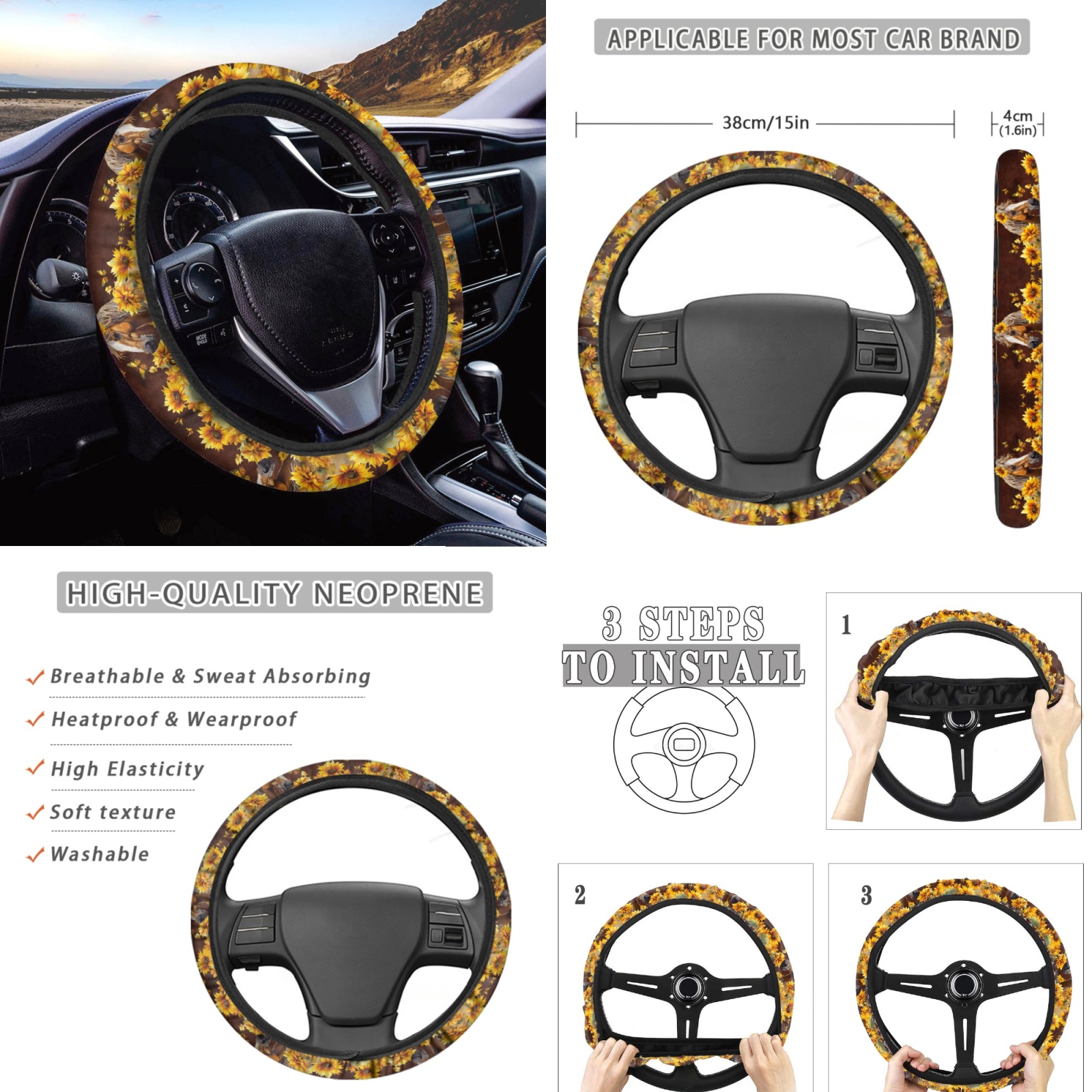 Renewold American Tribal Horse Sunflower Red Car Seat Cushion Covers Set of 12, Classic Front and Back Seat Protector, Vehicle Seat Covers Car Interior Accessories Decor Universal Fit Most Cars