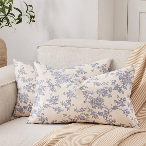 100% Cotton French Pastoral Lumbar Throw Pillow Covers Set of 2, 12x20 Inch Double Sided/Blue, Farmhouse Decorative Cushion Covers for Sofa Bed Living Room Home Decor