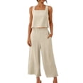 thumbnail image 3 of Women's 2 Piece Cotton Linen Set, Sleeveless Square Neck Tank Top and Elastic Waist Wide Leg Pants with Pockets, Matching Lounge Set, Summer Casual and Vacation Outfit-Beige, 3 of 10