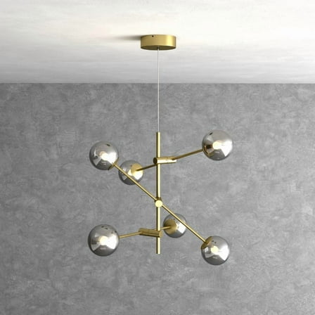 Alora Chandelier 6 Light Glass Globe Ceiling Mid Century Lighting Fixture - Brass