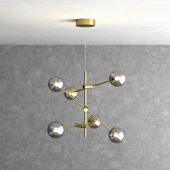Alora Chandelier 6 Light Glass Globe Ceiling Mid Century Lighting Fixture - Brass
