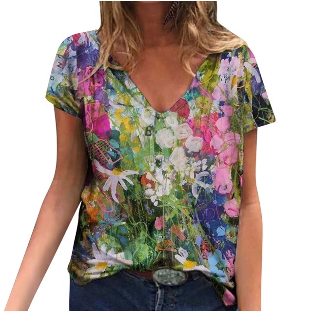 Blusa estampada de verano para mujer, camisetas casuales de manga corta con cuello en V, camisetas Pompotops hkajfhjk472799