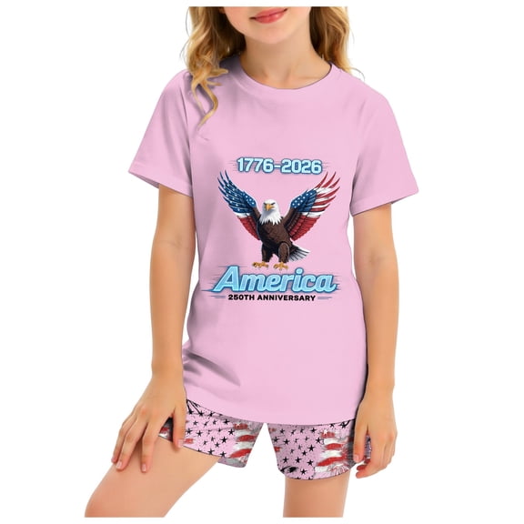 Staki 4th of July Outfit Kids 4th of July Baby Girl Outfit Toddler Short Sleeve USA Shirt and Short Fourth of July Clothes 2-9Y 10-12Y(Light Pink,4-5 Years)