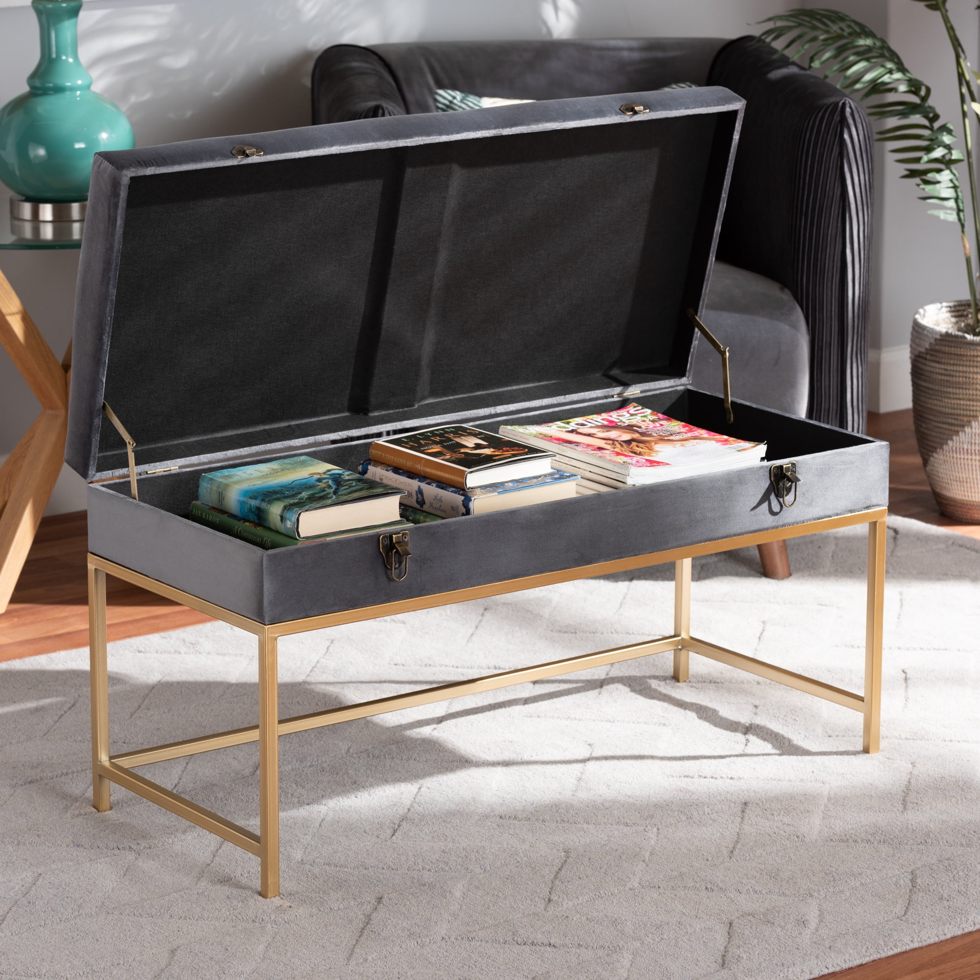 Baxton Studio Aliana Glam and Luxe Grey Velvet Fabric Upholstered and Gold Finished Metal Large Storage Ottoman
