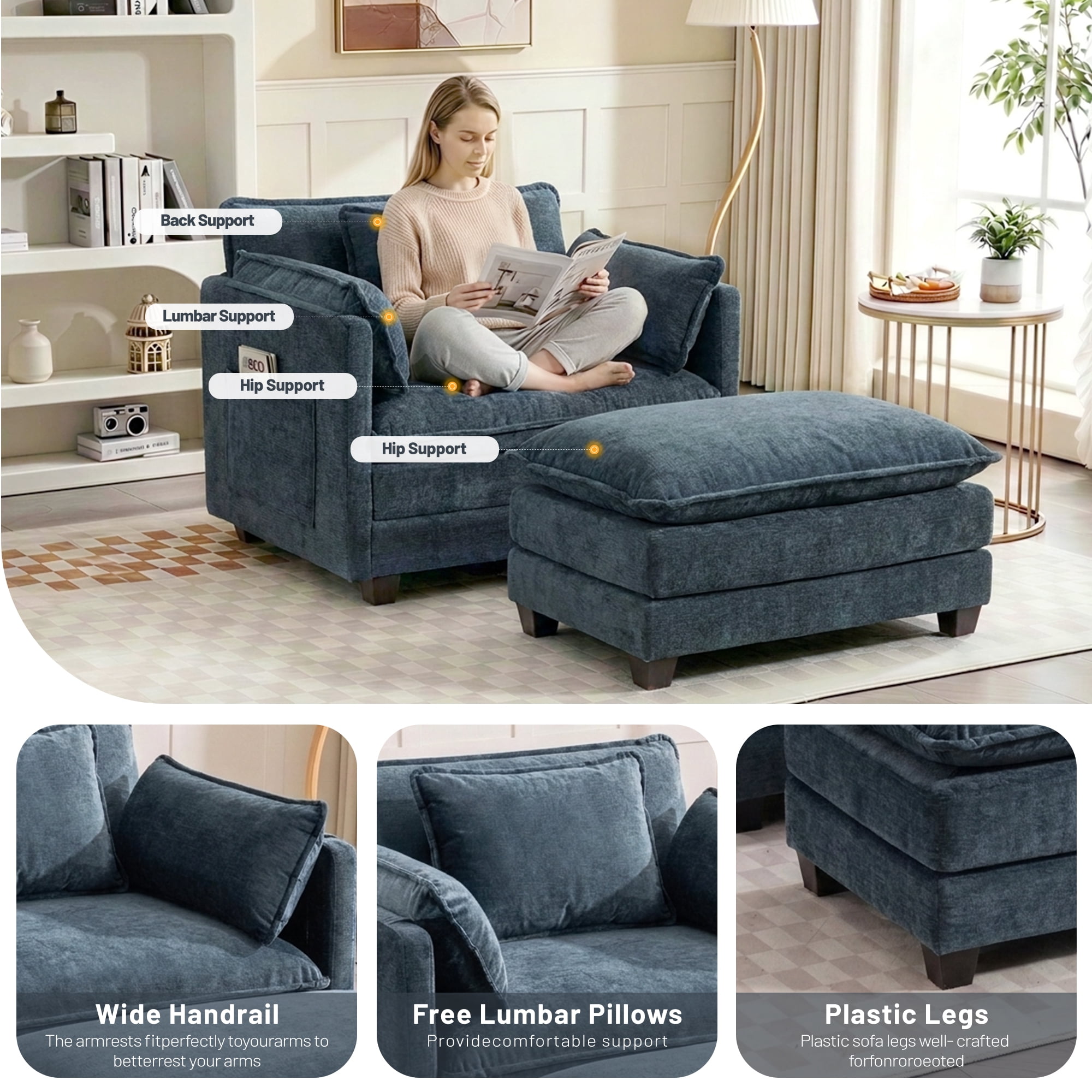 39.76" Oversize Accent Chair wirh Ottoman Armchair Set with Side Pocket