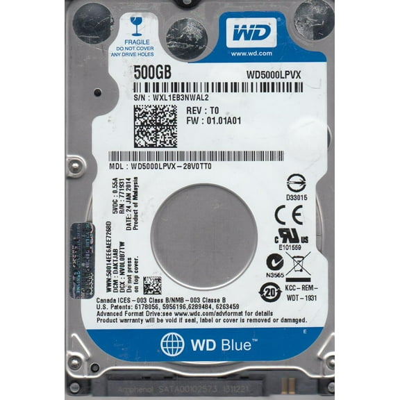 WD5000LPVX-28V0TT0, DCM DAKTJAB, Western Digital 500GB SATA 2.5 Hard Drive