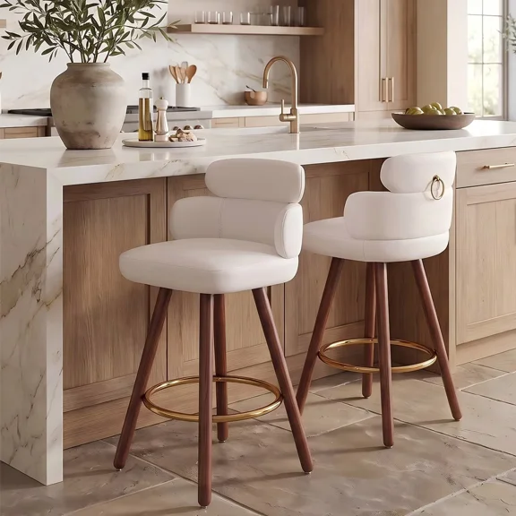 26" Counter Height Bar Stools Set of 2, Faux Leather Swivel Stools with Back, Solid Wood Legs, Gold Footrest, 330 lbs