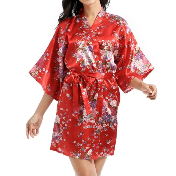 Defitshape Women's Satin Kimono Robe Lightweight Silk V Neck Pattern Dressing Gown Floral Print Bathrobe Short Belted Spa Sleepwear Bridal Bride 3/4 Sleeve Red Large