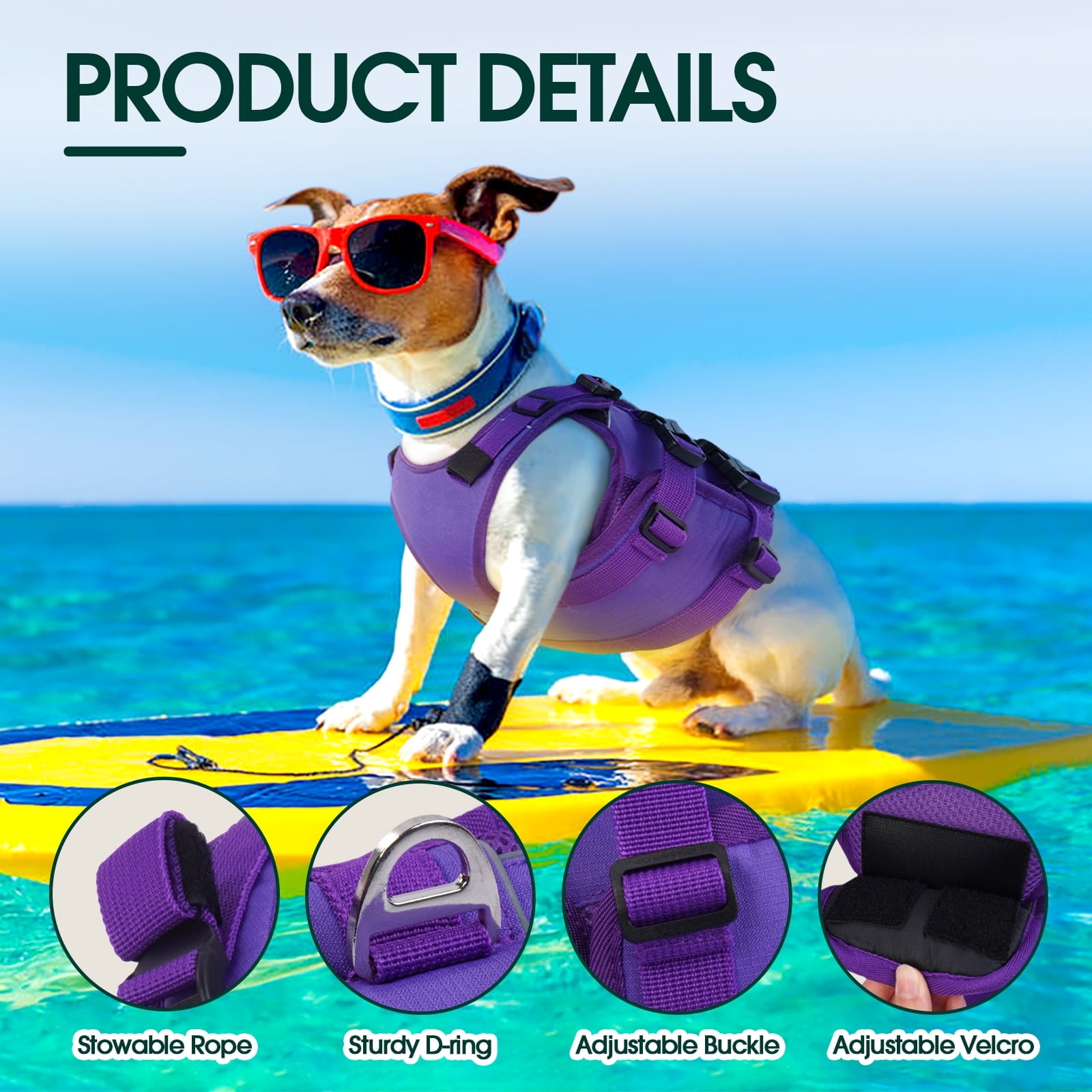 Kuoser Dog Life Jacket, High Flotation Dog Life Vest for Swimming Boating, Purple, S