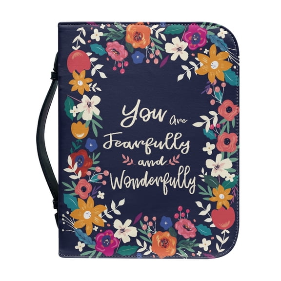 Xoenoiee You are Fearfully and Wonderfully Floral Pattern Faux Leather Bible Cover for Men Women Christian Bible Case with Handle Carrying Book Case Bible Tote Handbag Gifts, Navy Blue, L