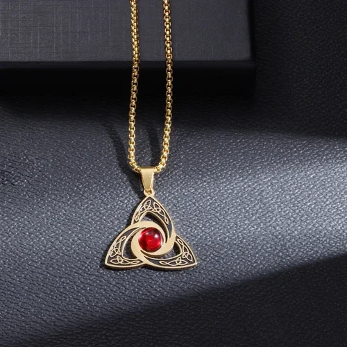 Statement Fashion Irish Celtic Knot Gemstone Pendant 14K Yellow Gold Witchcraft Witch Knot Necklace for Men Women Amulets